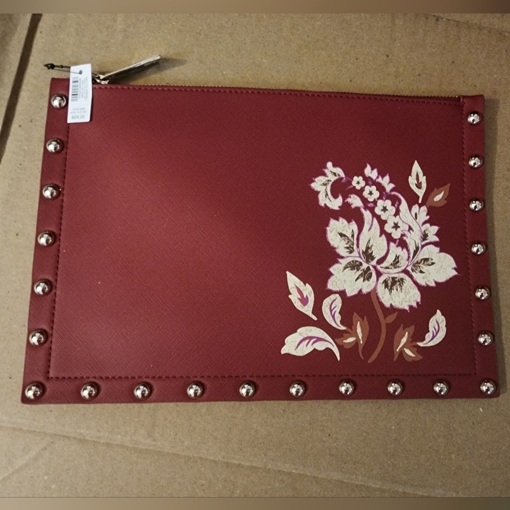 WHITE HOUSE BLACK MARKET Women's Small Maroon Printed Studded Clutch Pouch Purse - Picture 5 of 6